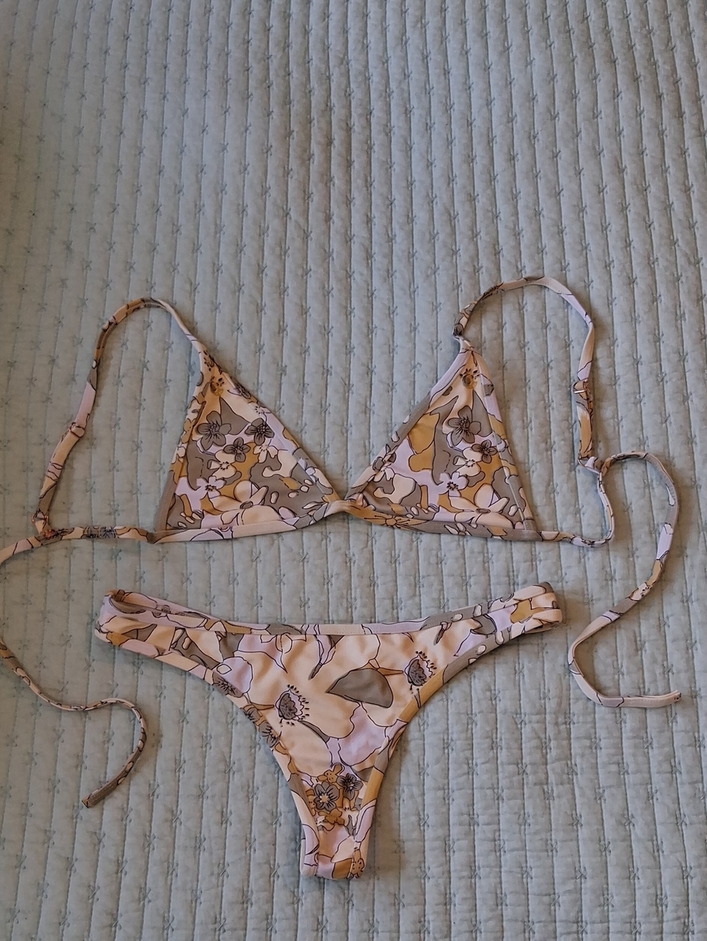 For Love And Lemons Cream and Tan Retro Inspired Floral Triangle Bikini